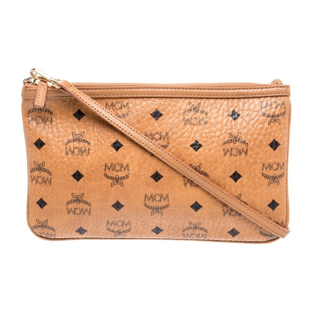 MCM Cognac Monogram Leather Wristlet Clutch
